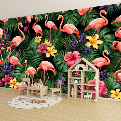 Papier peint auto-adhésif Plantes tropicales noires foncées, feuilles vertes, fleurs roses, flamants roses, H 69 po x l 96 po, papier peint amovible en PVC, autocollant pour chambre à coucher, bureau à domicile