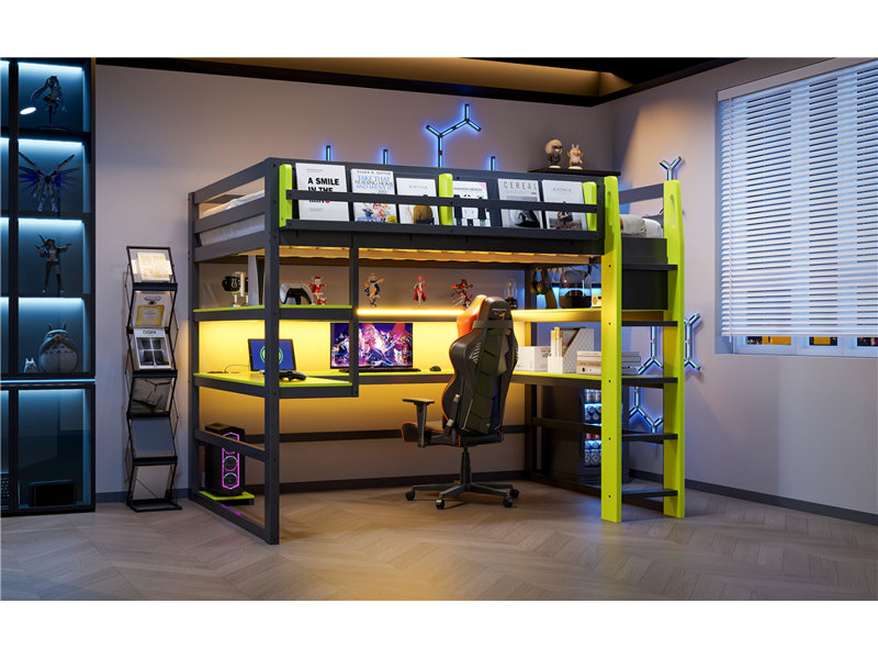 Lit mezzanine double en bois avec bureau, support de rangement latéral, tablettes multiples et lumière RVB, vert, Vert