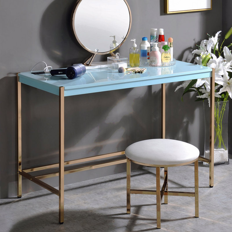 Bureau d'écriture rectangulaire, bleu bébé et or avec port USB, Bleu pastel