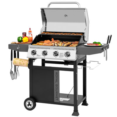Royal Gourmet 4-Burner Gas Grill with Side Shelves, 40,000 BTU Propane Grill with Stainless Steel Lid, Black