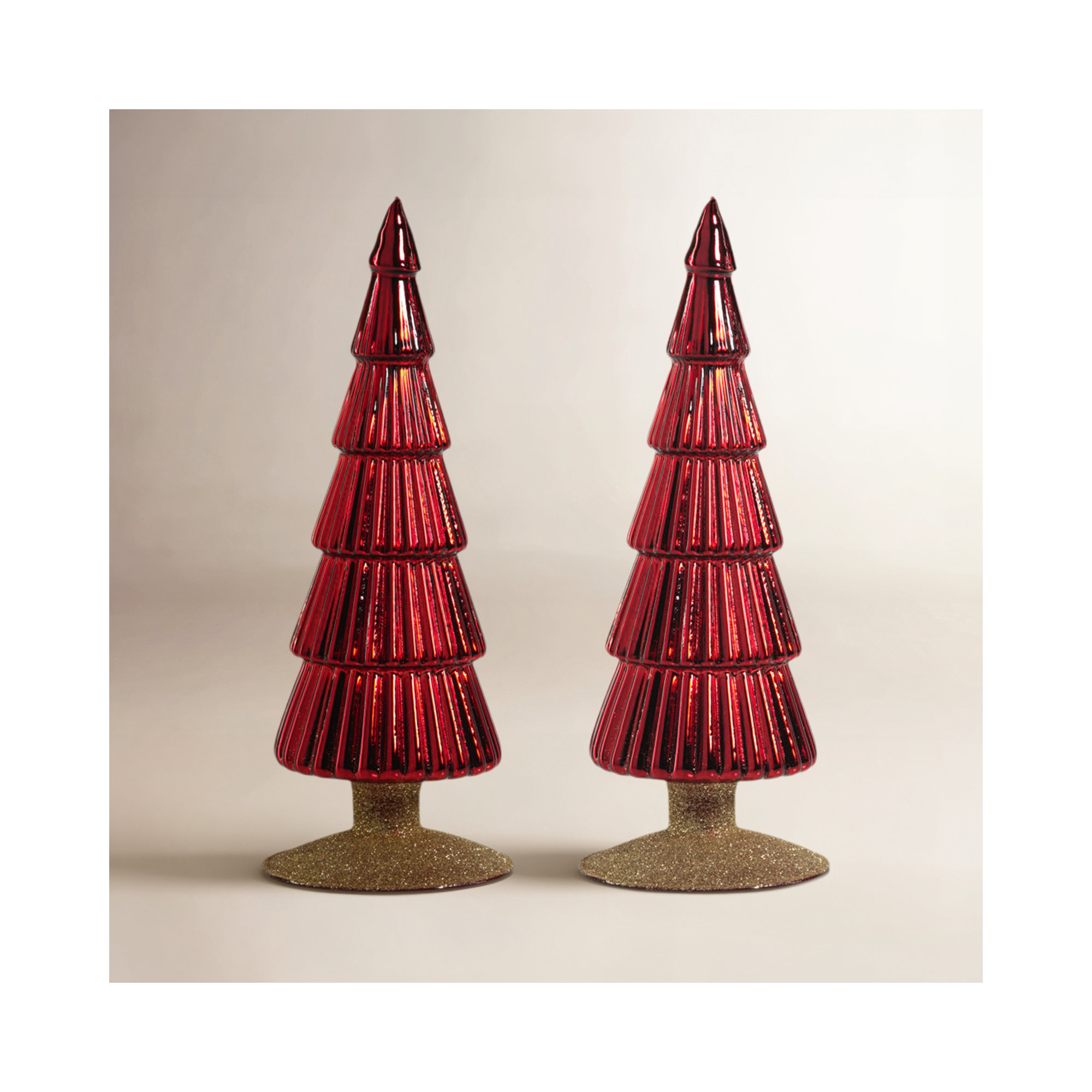 Dembe Classic Red Glass Tree on Gold Glitter Base, Set of 2, 9.5" H x 3.5" W x 3.5" D, Gold