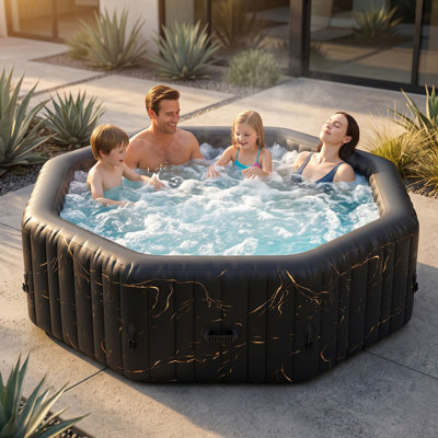 Spa gonflable octogonal 6 places avec 130 jets de bulles, chauffage 1350 W, capacité de 908 litres (240 gallons), design marbre noir et or