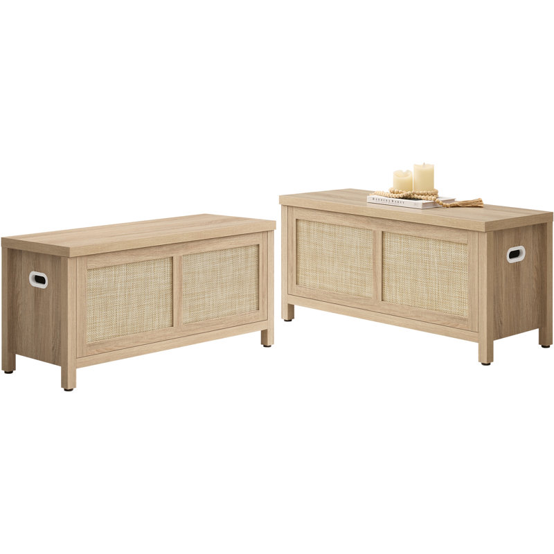 39.4" Bohemian-Inspired Rattan Bench, Multi-Functional With Hidden Storage, Light Oak, 2