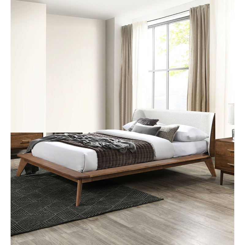 Lit double de style Mid-Century moderne avec plateforme en bois massif beige noyer, tête de lit à oreilles en tissu, pieds fuselés, cadre de lit avec matelas,