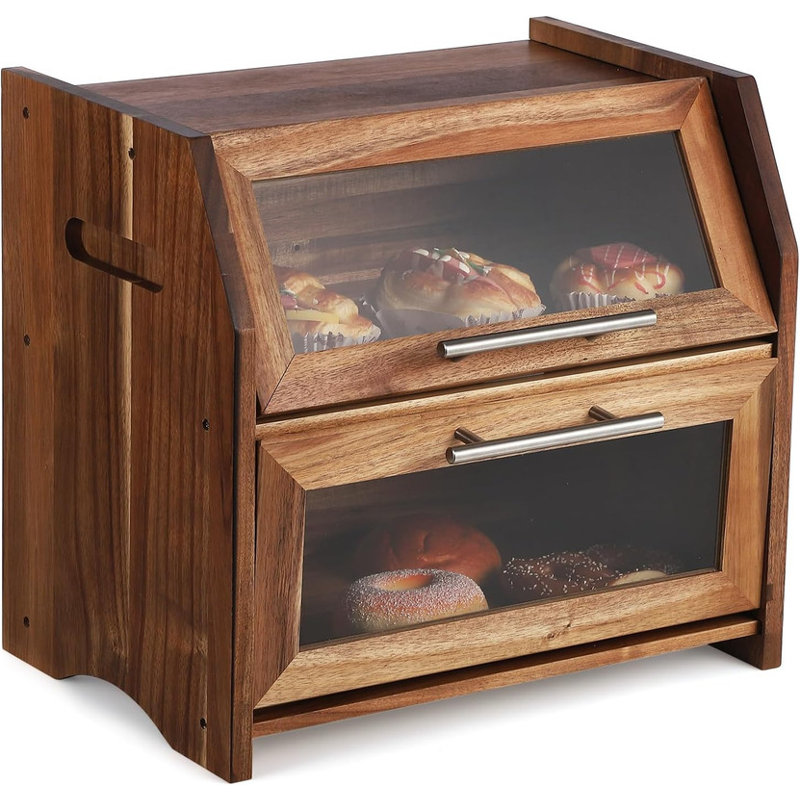 Boîte à pain, corbeille à pain en bois d'acacia double couche avec panneau de porte en acrylique transparent, bouches d'aération