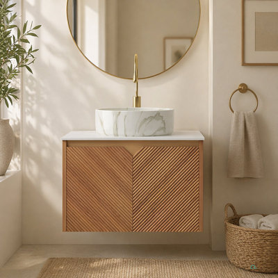 Meuble-lavabo et lavabo Ruben 24 po, armoire de rangement flottante en contreplaqué, portes doubles en sergé avec garniture en métal, lavabo rond en céramique à motif pierre mat et plateau en pierre frittée