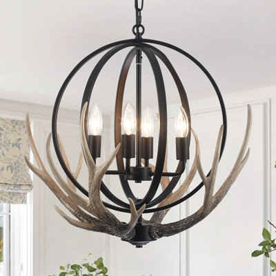 20.4'' Dimmable Rustic Farmhouse Chandelier With Resin 4 - Antlers And Retro Metal Globe Shade