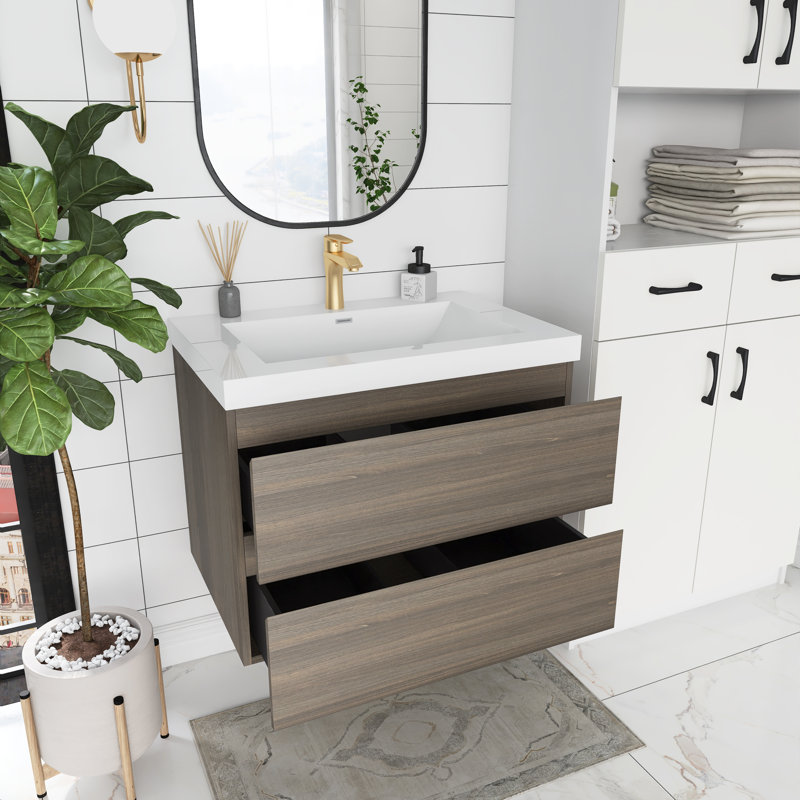 Meuble-lavabo mural simple avec plateau en résine 30 po Larnaca, Gris cendré