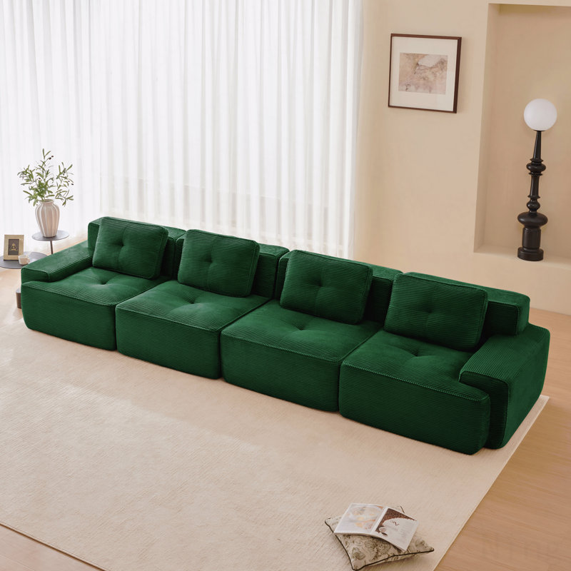 Canapé modulaire moderne pour petit appartement 4 personnes pour petits appartements 153 po pour le salon, tissu en velours côtelé, canapé 4 places avec assise profonde, passepoil perlé, conception capitonnée, connexion par boucle, sans assemblage, conception antidérapante, vert