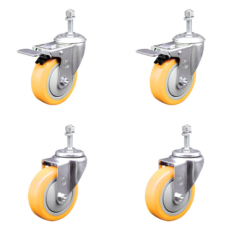 4 Inch 316SS Yellow Polyurethane 10mm Threaded Stem Caster Set 2 Lock Brake