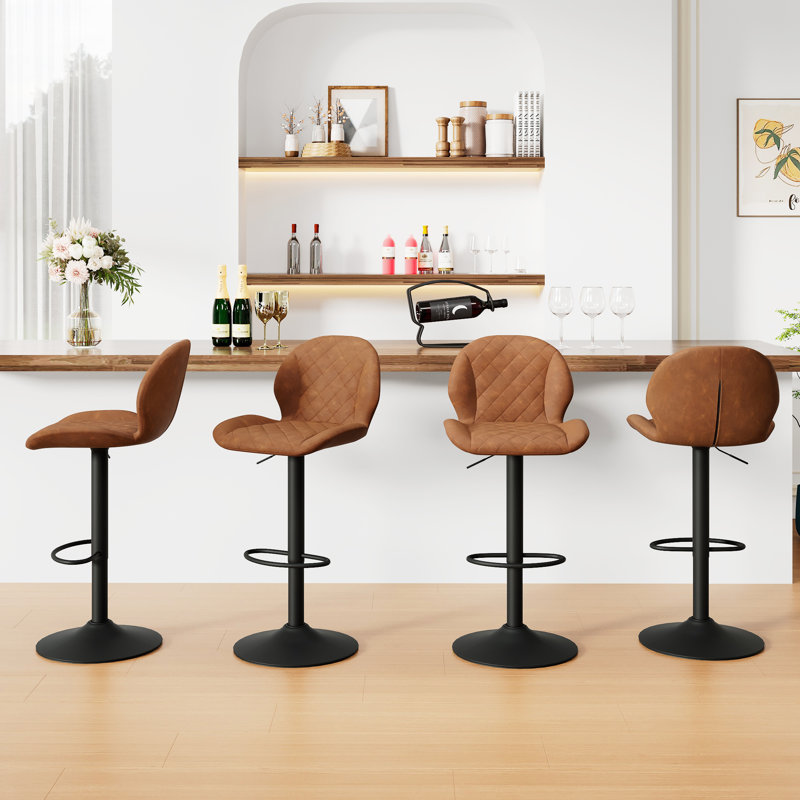 Tabourets de bar pivotants ajustables en similicuir avec dossier pour îlot de cuisine (paquet de 4), Brun, 4