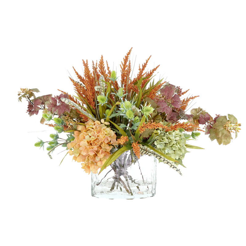 Heather, Hydrangea and Thistle Fall Arrangement in a Glass Ripple Vase