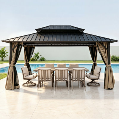 Abri de jardin à toit rigide SeeHill, abri de jardin d'extérieur, abris de jardin à toit rigide en aluminium avec filet et rideau, pergola d'extérieur avec double toit en acier pour terrasse, pelouse et jardin