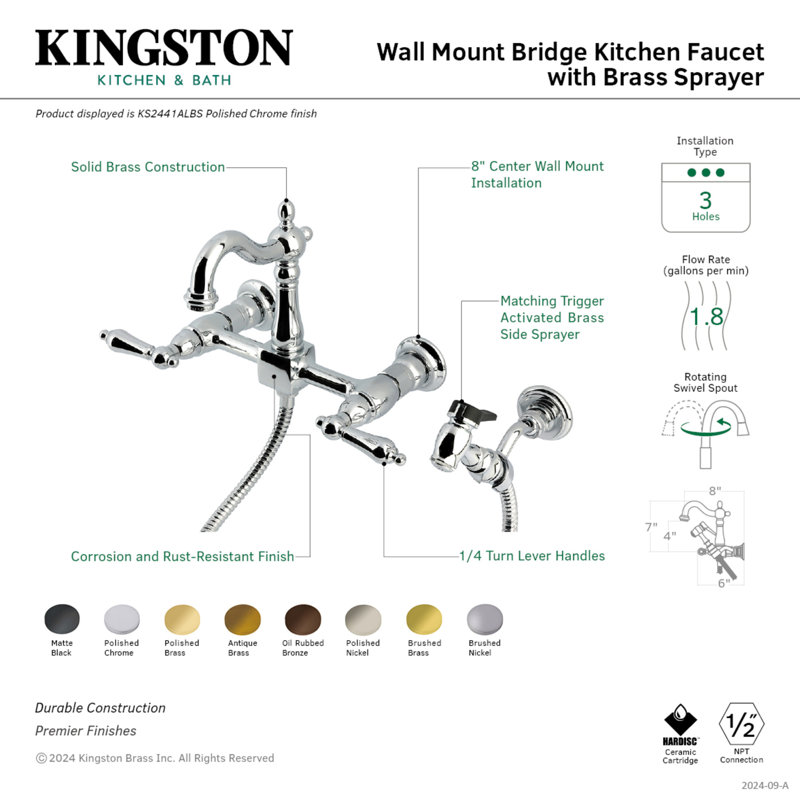 Kingston Brass Heritage Double-Handle 3-Hole Wall-Mount Bridge Kitchen Faucet with Brass Sprayer, Brushed Nickel