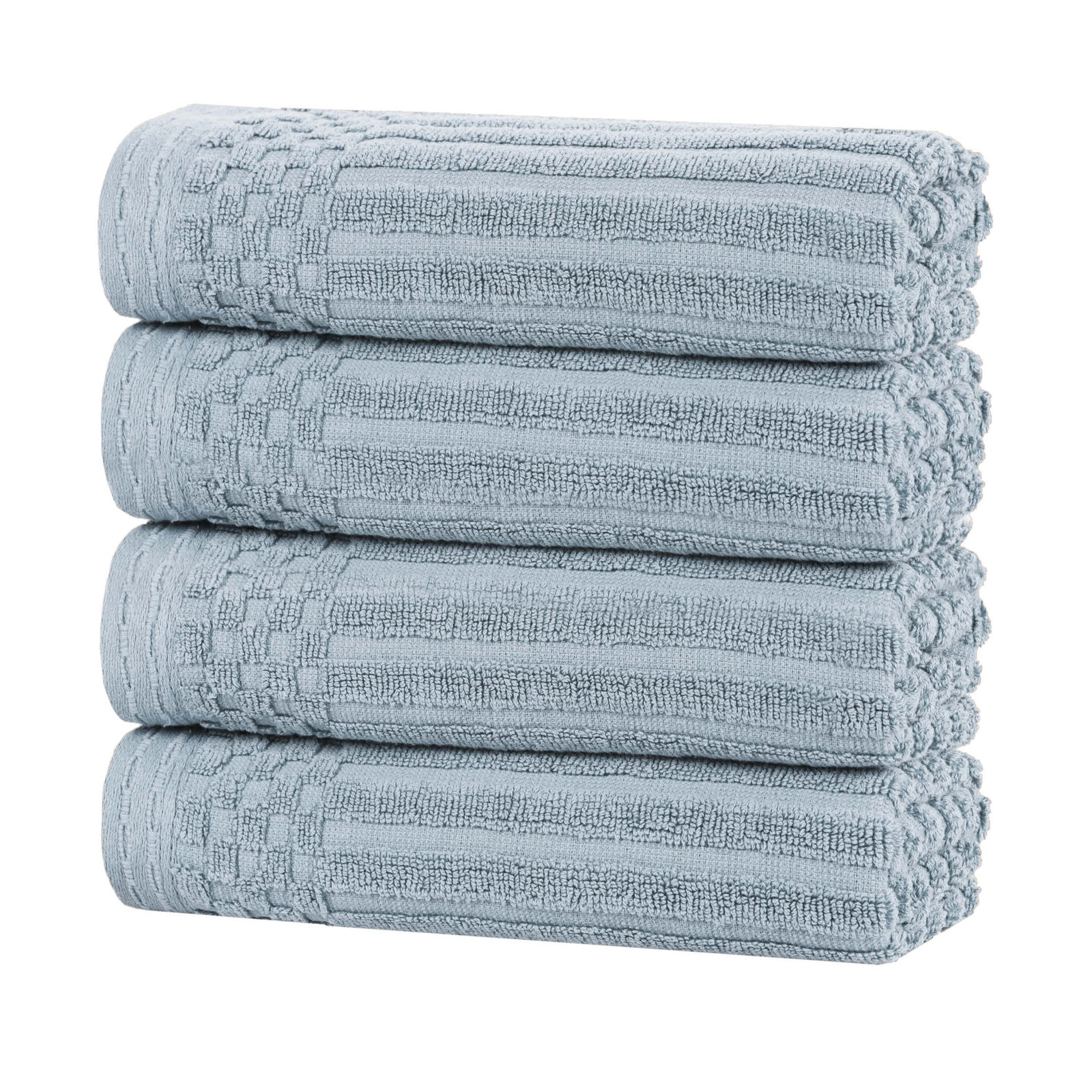 Kleiman Cotton Highly Absorbent Solid and Checkered Border Hand Towel Set, Slate Blue