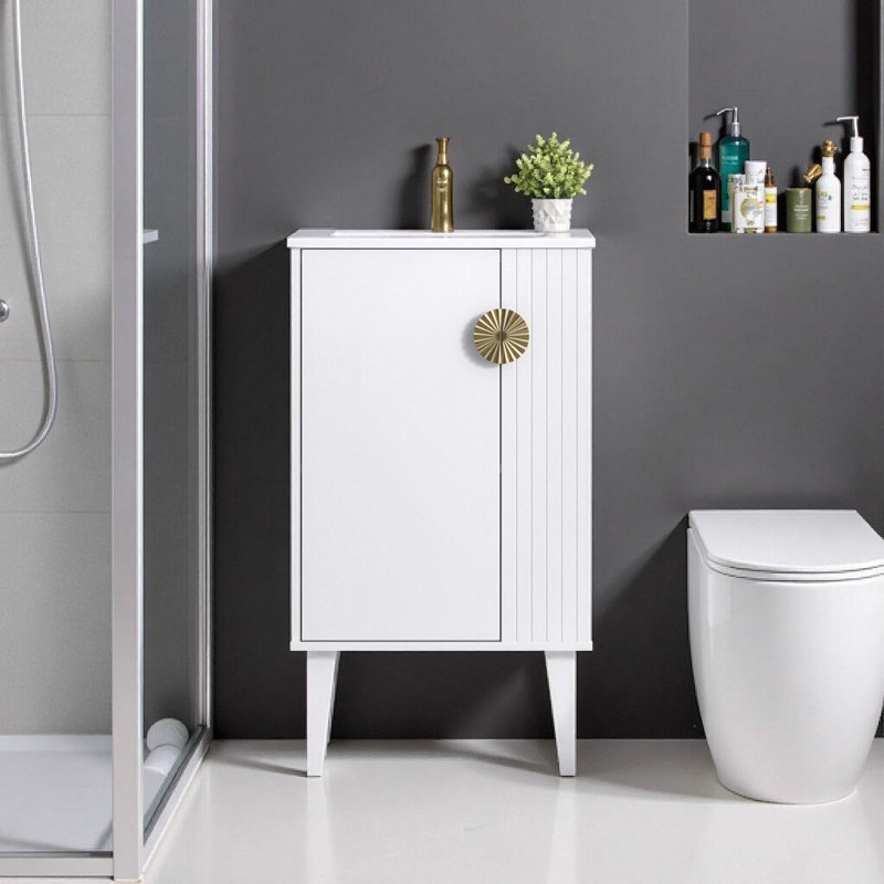 Meuble-lavabo de style français de 20 po avec lavabo en céramique intégré, meuble-lavabo simple autoportant avec porte à fermeture en douceur et poignées en demi-lune, blanc