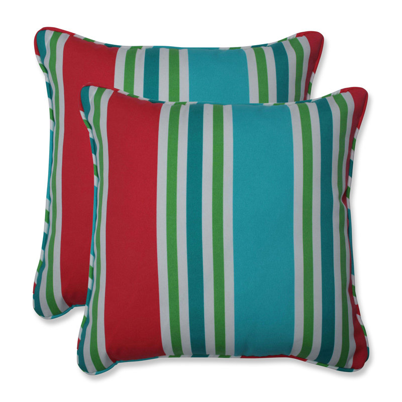 Turquoise and Coral Striped Square Outdoor Throw Pillows, Set of 2