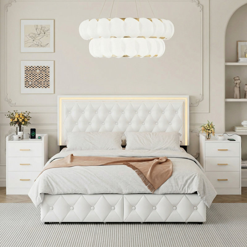 3-Piece Bedroom Sets, 4-Drawer LED Storage Bed+ 2 Nightstands with 3 Drawers Each&USB + Outlet Built-In, Queen, White