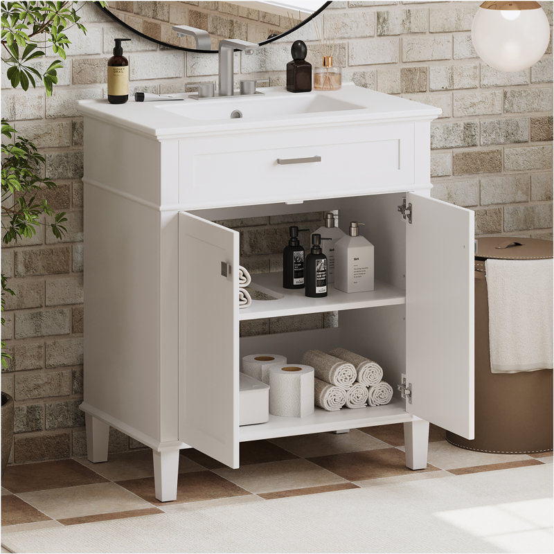 Meuble-lavabo de 30 po avec lavabo en céramique, porte à fermeture en douceur et tablettes réglables, Blanc