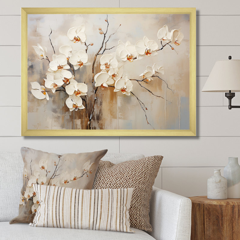 Orchidée beige épanouie sur toile, Cadre doré simple, H 30 po x l 40 po x P 1,5 po