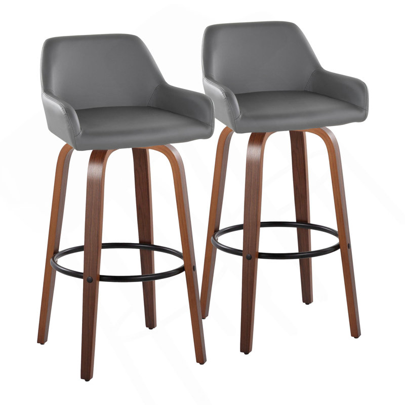 Daniella 30" Contemporary Fixed-Height Barstool With Swivel In Walnut Wood And Grey Faux Leather With Round Black Metal Footrest By Lumisource - Set Of 2