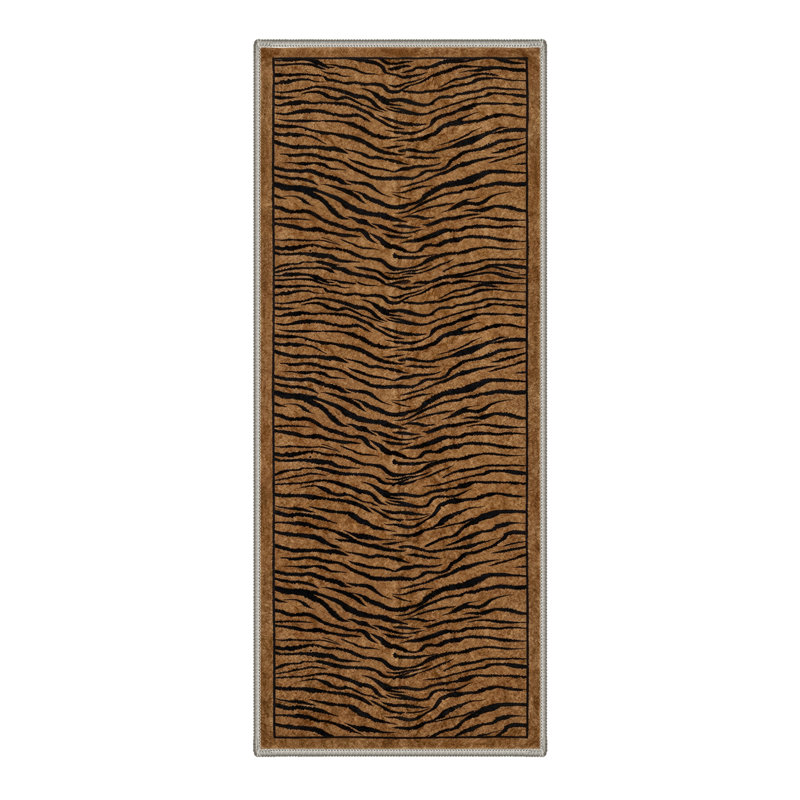 Albertslund Tigris Animal Print Tiger Stripe Machine Washable Brown / Black Indoor Area Rug with Non-Slip Backing
