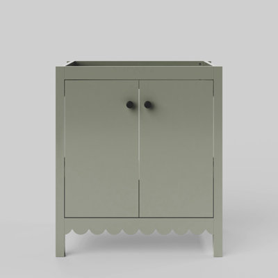 Scalloped 30 Inch Single Bowl Vanity - Olive Satin - No Top - Black Knobs