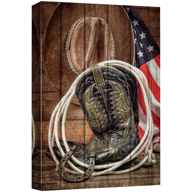 Panneau à effet de bois, botte de cowboy, cheval, lasso, art numérique, ferme rustique, faune, Toile tendue