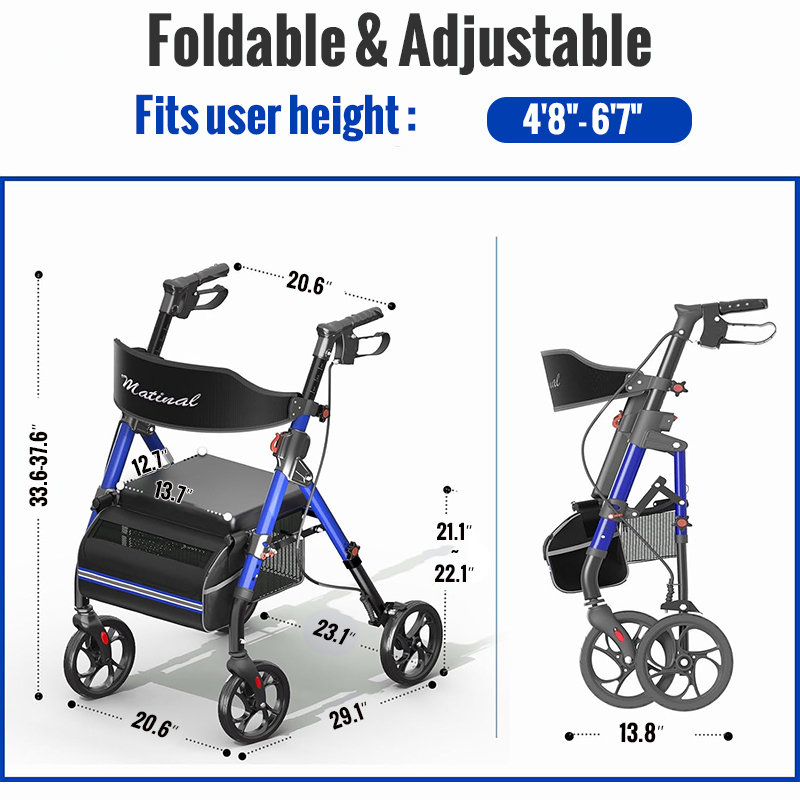 Matinal Foldable Rollator Walkers with Seat for Seniors, 350 lb Capacity, 8'' Big Wheels, 6-Position Height, Premium Hybrid Rolling Walker - Aluminum and Carbon Steel
