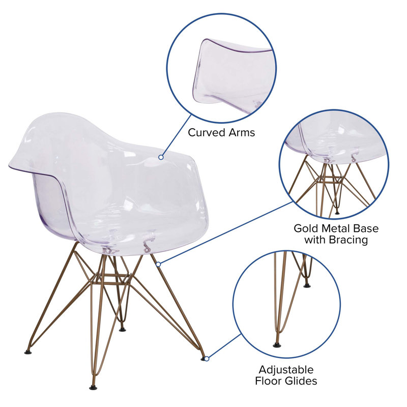 Transparent Side Chair with Curved Arms and Gold Metal Base