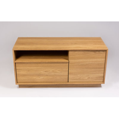 Meuble télé moderne pour téléviseurs jusqu'à 45 pouces, centre multimédia avec porte, tiroir, tablette ouverte et système de gestion des câbles, chêne Hanovre