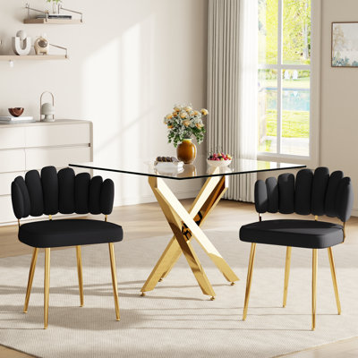 Ensemble de table de salle à manger 36 pouces, table de salle à manger avec dessus en verre trempé et chaises rembourrées en velours avec pieds en métal doré, ensemble de meubles de cuisine et de salle à manger Modern Glam pour 2 à 4 personnes