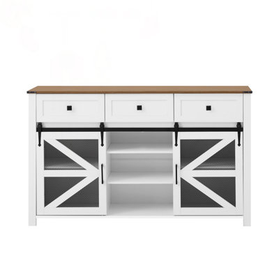 55-Inch Sliding Barn Door Sideboard Buffet Cabinet With 3 Drawers, Adjustable Shelves, Metal Mesh & Particleboard Doors, Aluminum Handles For Modern Industrial Storage