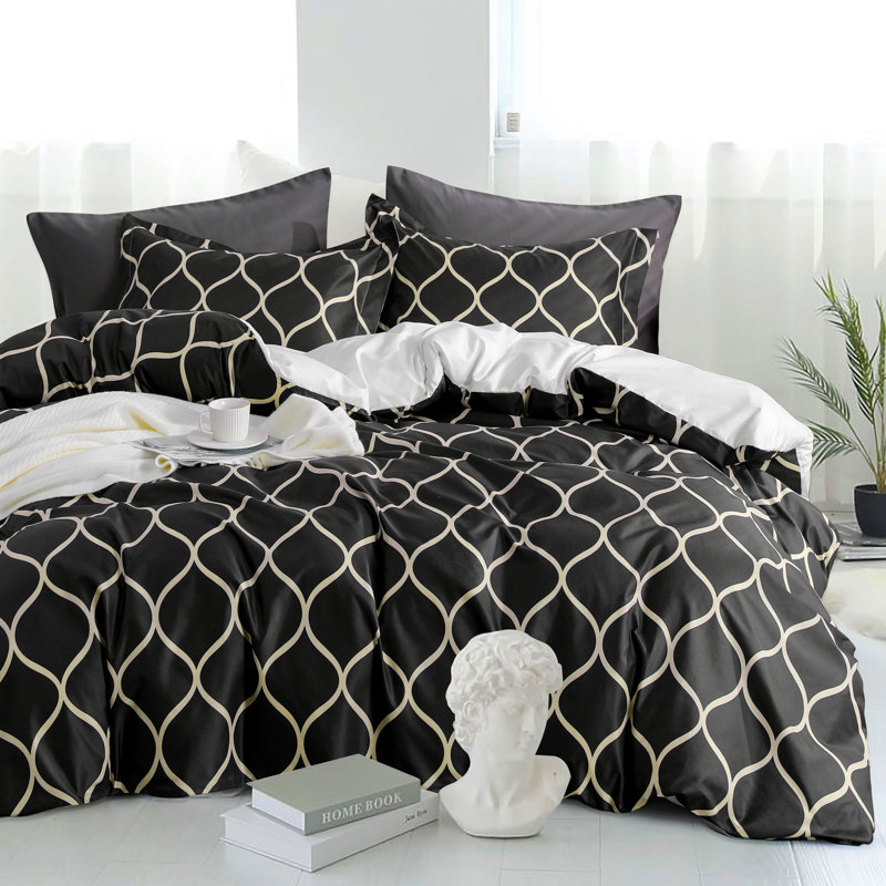 Twin Black and Off-White Microfiber Duvet Cover Set