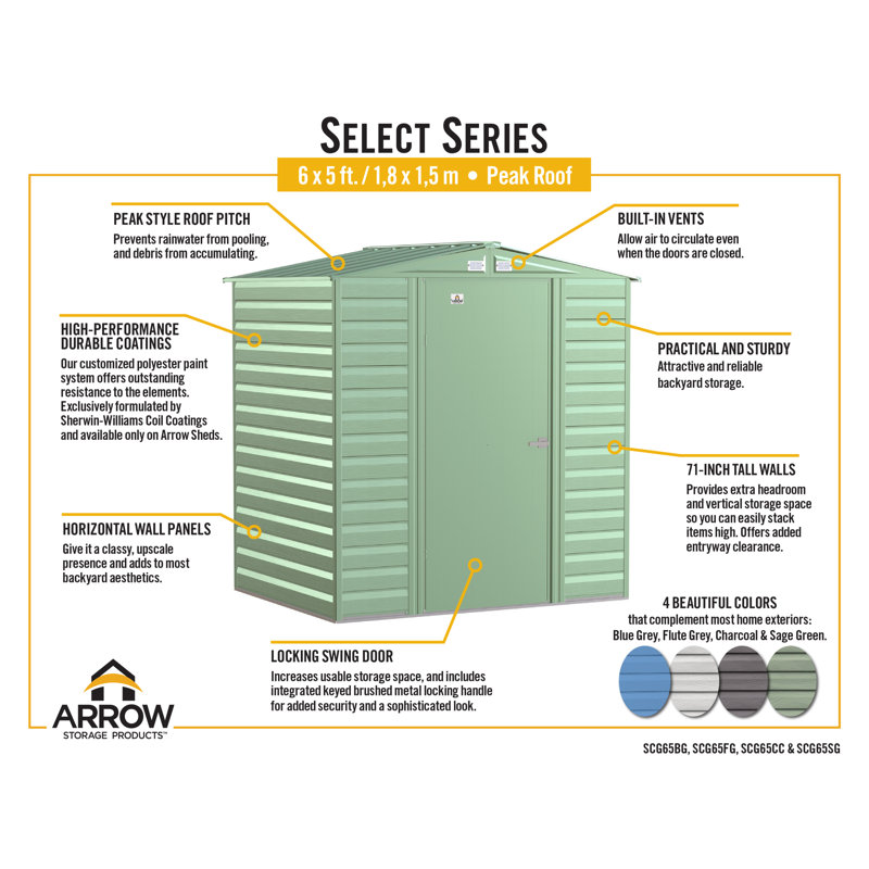 Charcoal Galvanized Steel Peak Roof Storage Shed, 6x5