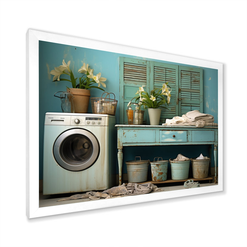Turquoise Vintage Laundry Room I, reproduction d'art sur toile, H 24 po x l 32 po x P 1 po, Cadre photo blanc