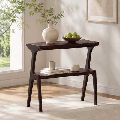 Table d'appoint courbée à deux niveaux en bois massif, table d'appoint mince au fini cerisier Mid-Century