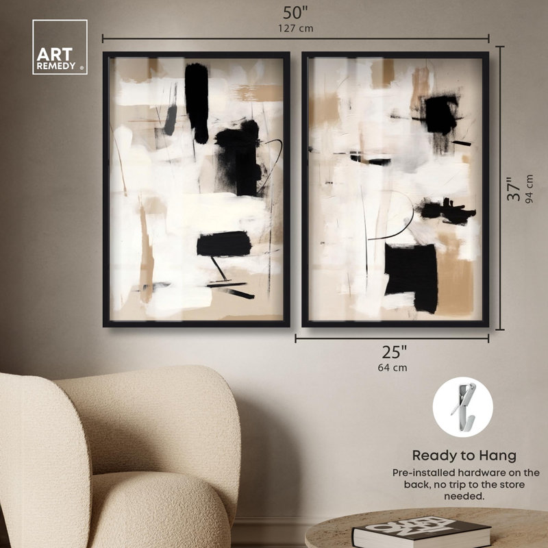 Ensemble de décor mural abstrait « Shadowbox Print » – Ensemble de décor mural bohème doré par Art Remedy, cadre noir, 10 x 15