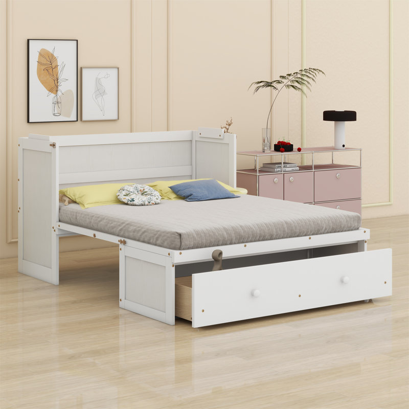 Lit escamotable avec port USB et grand tiroir, Blanc, Double