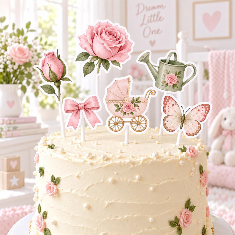 Ensemble de 6 décorations pour gâteau « Petit bouton de rose », décorations pour fête de naissance, en carton.