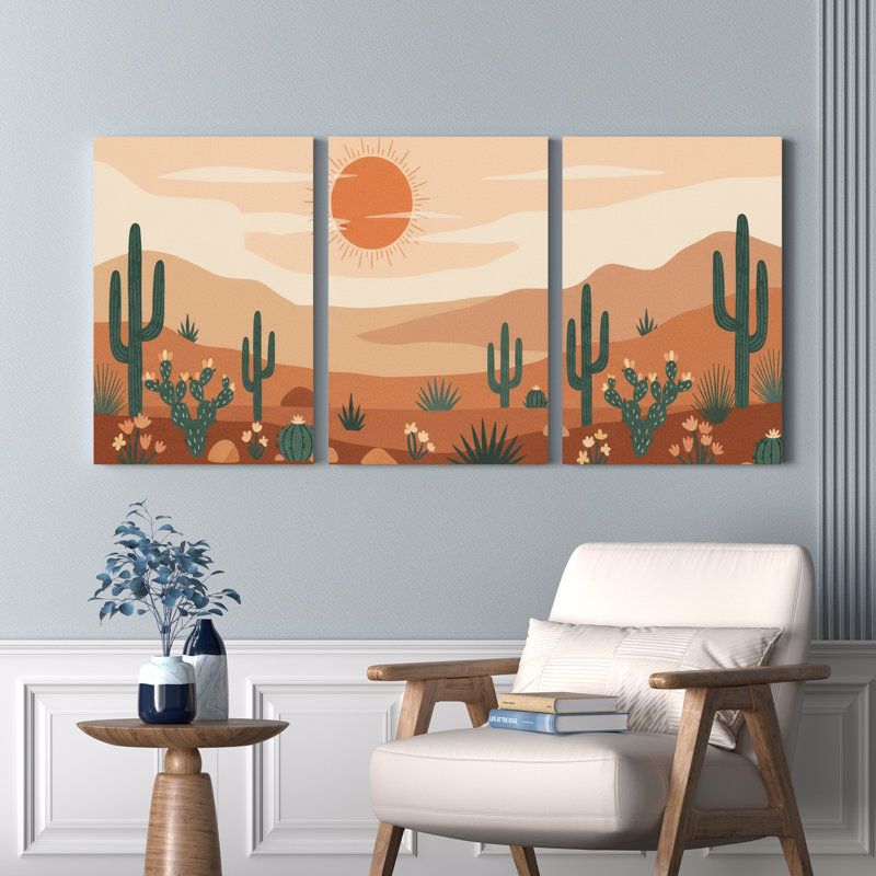 «Desert Cactus Landscape», ensemble de 3 reproductions d'art sur toile tendues, H 24 po x l 48 po