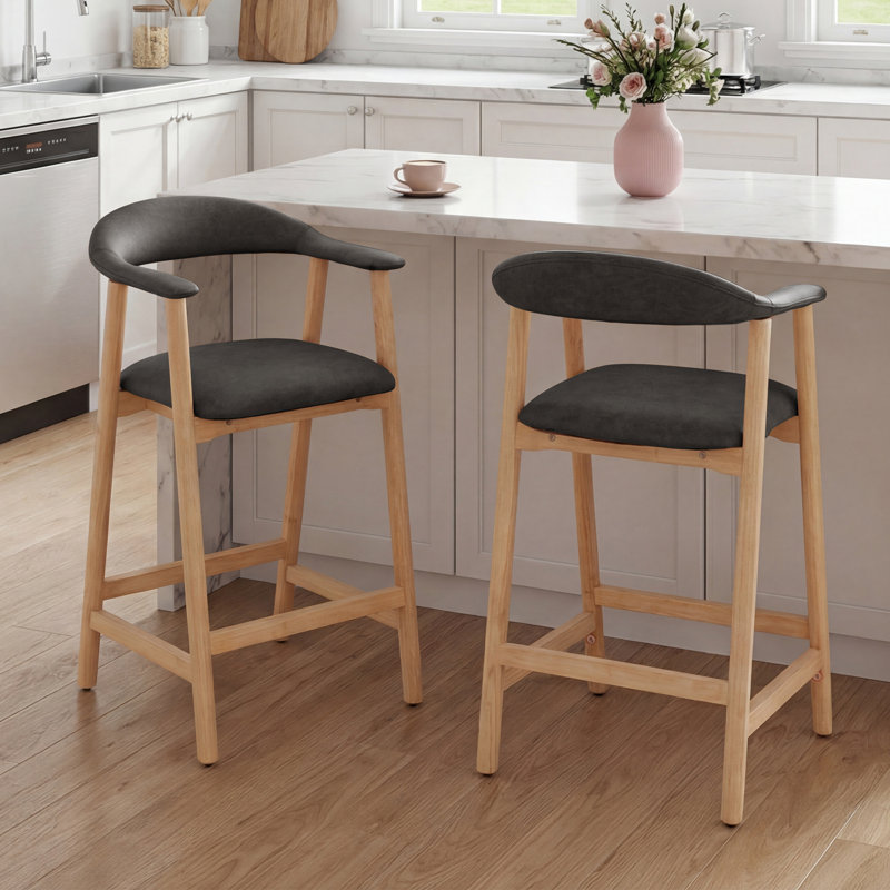 Contemporary Upholstered Bar Stool With Wood Legs And Curved Back, Dark Gray