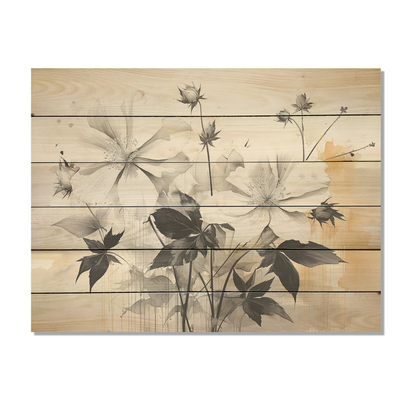 Hibiscus gris minimaliste intemporel I - Hibiscus, art mural sur bois de pin naturel, H 30 po x l 40 po