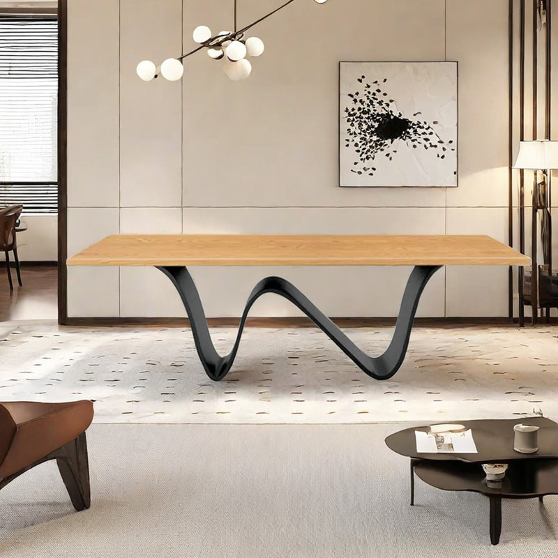 Solid Wood Top Metal Base Dining Table, Burly Wood, 29.53" H x 78.74" L x 31.5" W