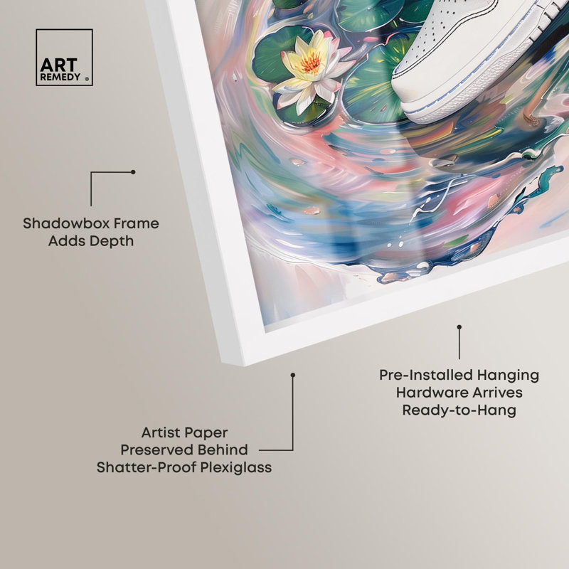 «Lilypads Sneaker Splash Shadowbox Print Sneaker» par Art Remedy, H 13 po x l 13 po, Blanc