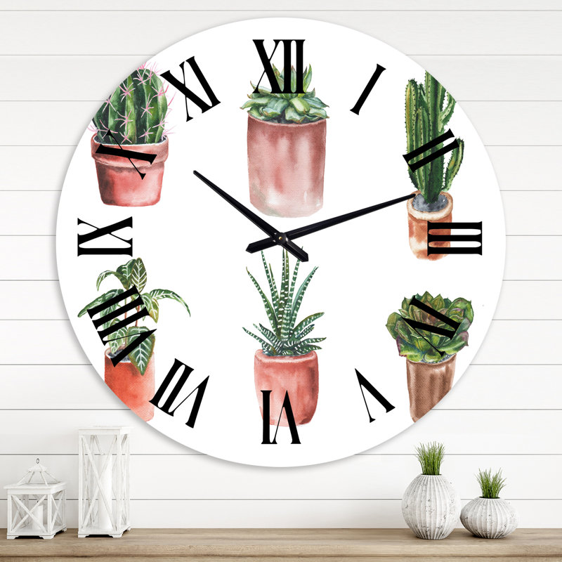 Fleurs dans un pot, cactus et plantes grasses - Horloge murale traditionnelle, Très petit
