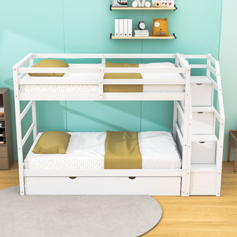 Twin Over Twin Wood Bunk Bed With Twin Trundle, Storage Staircase And Guardrails, White