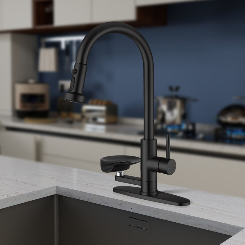 Topcraft Single-Hole Single-Handle Pull-Down Kitchen Faucet With Base Plate, Matte Black