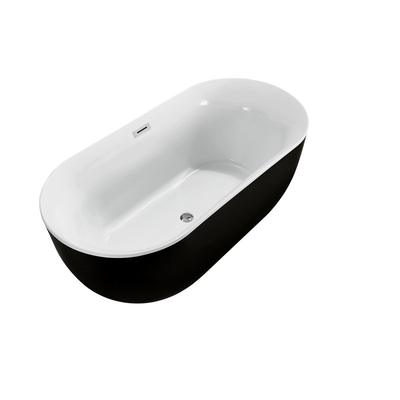 59" Streamline Freestanding Soaking Acrylic Bathtub With Drain and Bamboo Tray, Polished Chrome