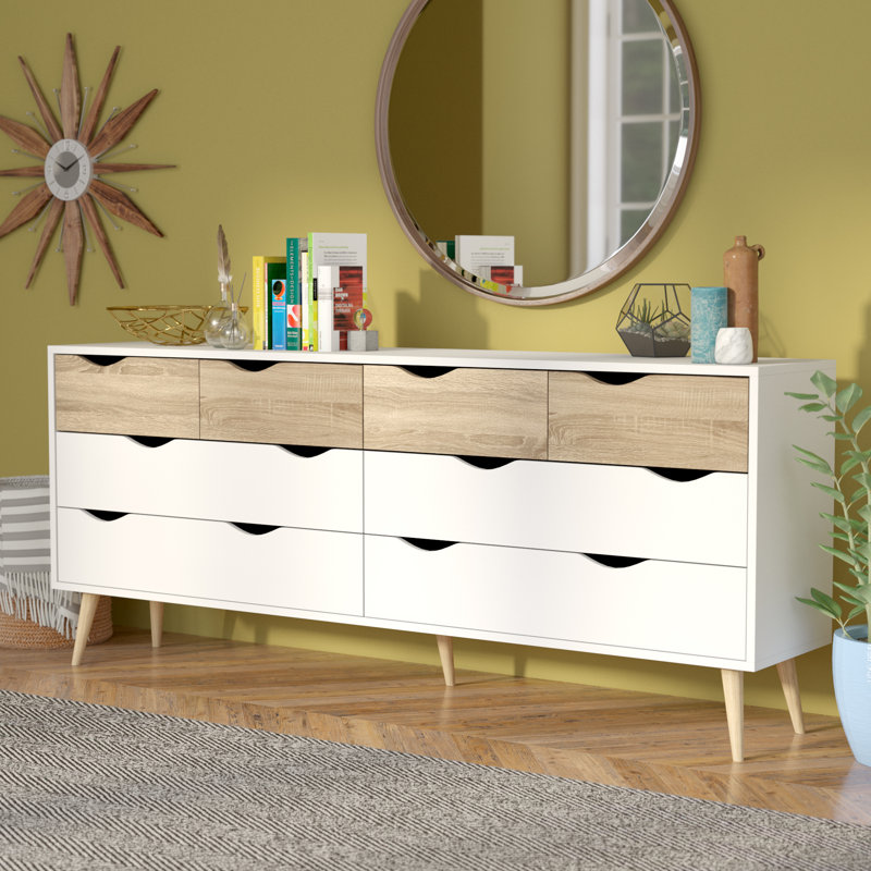 Justus 8 Drawer 77.05" W Double Dresser, Oak/White
